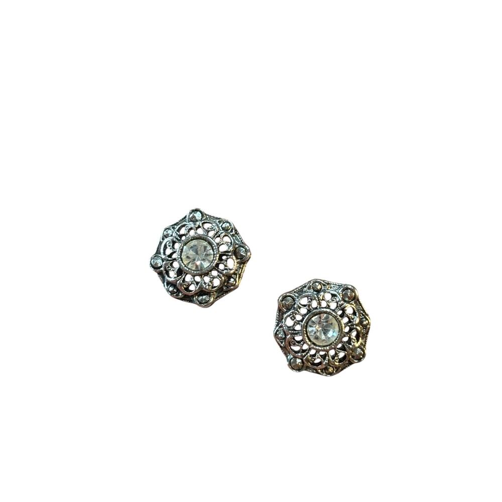 1928 Jewelry Co Filigree Rhinestone Stud Earrings Silver Tone Vintage Round